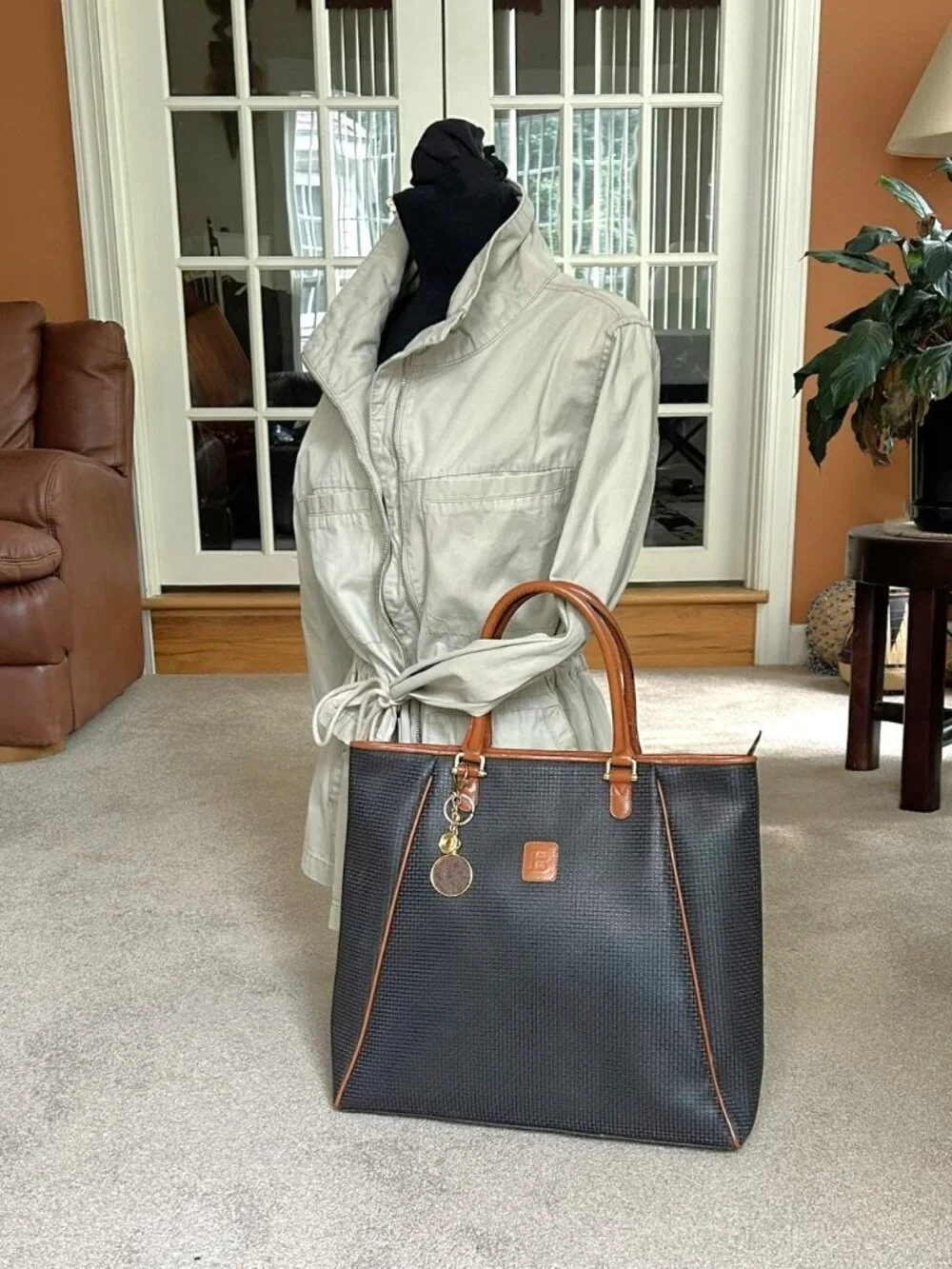 BALLY Embossed B Canvas and Leather Tote, Navy, British Tan
